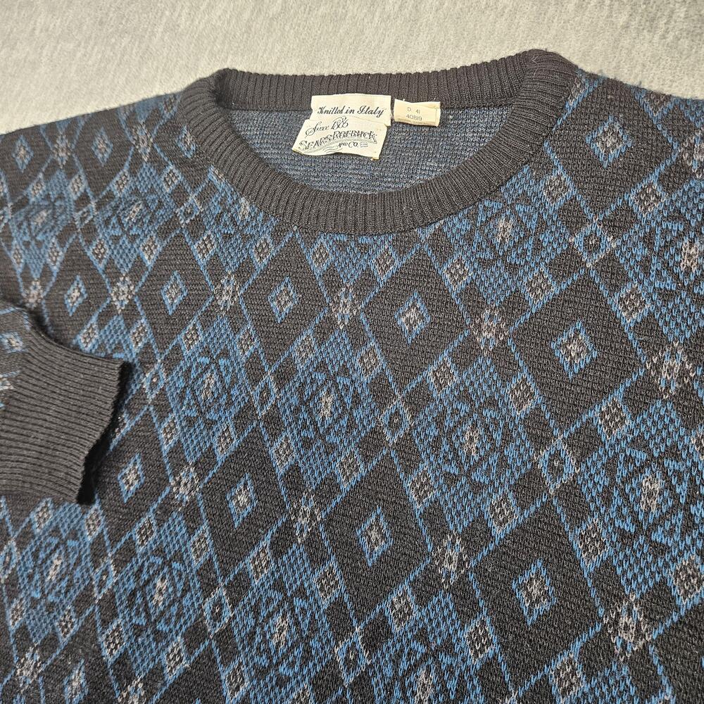 Vintage Sears Roebuck Sweater Mens L Black Argyle Diamond Pullover Made In Italy